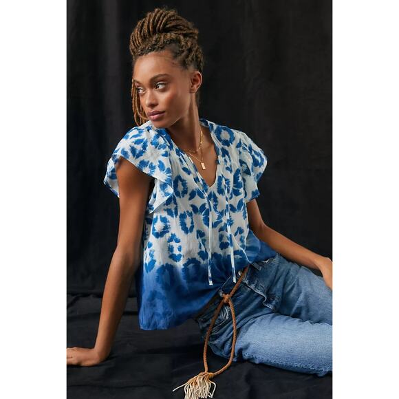 New Anthropologie Othilia Tie-Neck Blouse $148 SMALL Blue Boho Soft - Picture 1 of 3